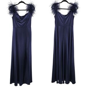City Vibe Satin Navy Blue Feather-Shoulder Formal Gown Sz 9 Front Slit Prom Gala